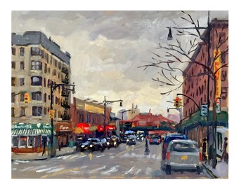 New York Cityscape Painting - From 207th Street/Inwood Rain- 11x14 Oil on Panel, NYC Urban Impressionist Landscape, Signed Original