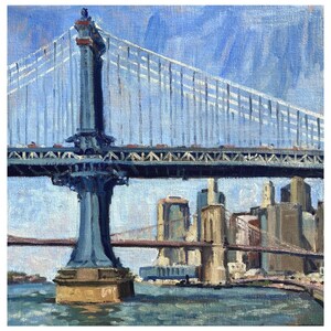 Original New York Cityscape Painting -Manhattan and Brooklyn Bridges/NYC- 12x12 Oil on Linen, Signed Urban Impressionist Landscape
