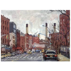 New York Cityscape Painting - Twilight on Avenue D/NYC- 9x12 Oil on Panel, Urban Impressionist Landscape, Signed Original Oil Painting