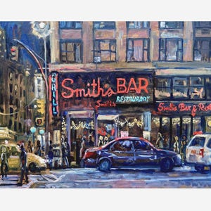 Original stadslandskapsmålning - Smith's Bar/NYC, 18x24 olja på duk