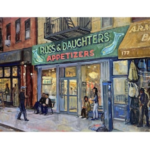 New York Painting - Russ and Daughters/NYC - 16x22 Oil on Linen, New York Cityscape Street Scene, NYC Urban Landscape, Signed Original