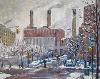 New York Cityscape Painting - Snow on Avenue D/NYC- 16x20 Oil on Linen, Urban Impressionist Winter Scene, Original Landscape