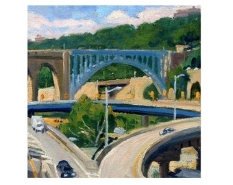 New York Cityscape Painting - High Bridge/Bronx/NYC- 10x10 Oil on Panel, Urban Industrial Impressionism, Signed Original