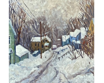 Original Winter Landscape Painting -Toward Vermont/Snow Day- 12x12 Oil on Panel, Plein Air Impressionist Scene, American Fine Art