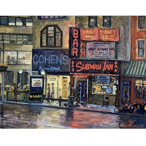 The Subway Inn/NYC - New York City Nocturne, 18x24 Oil on Canvas, Large Urban Plein Air Impressionist Night Scene, Signed Original