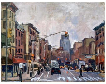 11x14 Cityscape Painting - Down 2nd Ave/East Village Winter