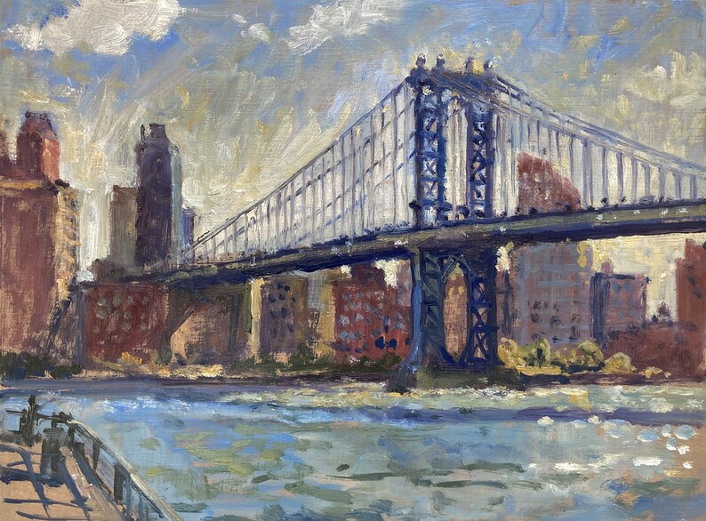 New York Cityscape Painting Manhattan Bridge Sparkle/nyc 9x12 Oil on