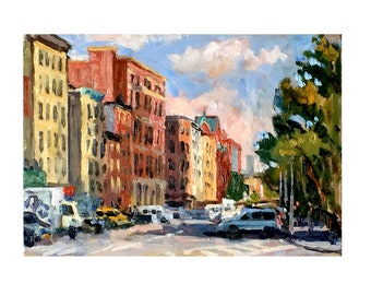 New York Cityscape Painting -Lower East Side Morning/Pitt Street/NYC- 8x11 Oil on Panel, Urban Impressionism, Signed Original Landscape