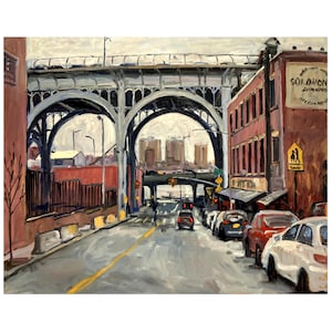 NYC Oil Painting - Riverside Viaduct/Red and Grey/New York - 16x20 Oil on Panel, Urban Impressionist Fine Art, Signed Original Cityscape