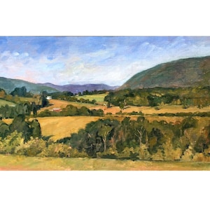 Large Original Landscape Painting - Hills and Sky/Berkshires Summer- 14x26 Oil on Linen, Plein Air Impressionism, Signed Original Fine Art