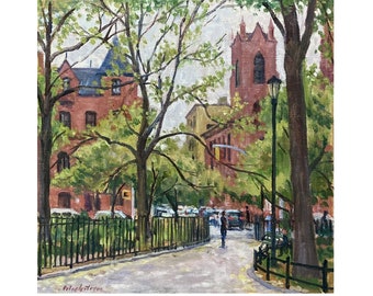 Original New York Cityscape Painting - From Tompkins Sq Park/East Village NYC - 14x14 Oil on Canvas, Signed Original Impressionist Fine Art