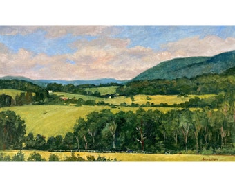 Rolling Hills/Summer Sky- Original Berkshires Landscape Painting -14x24 Oil on Linen, Plein Air Impressionism, Signed Original Fine Art