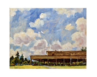 Tanglewood Landscape Painting - Sky and Shed - 8x10 Oil on Panel, Small Plein Air Impressionist Oil, Signed Original Fine Art