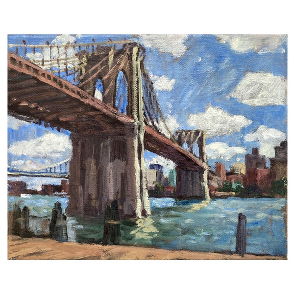 The Brooklyn Bridge/NYC - New York Cityscape Painting, 8x10 Oil on Linen, Plein Air Impressionist Fine Art, Signed Original