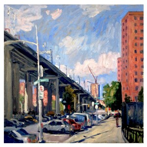 NYC Cityscape Painting - Williamsburg Bridge Delancey St/LES/NYC - 14x14 Oil on Panel, Urban Impressionist Landscape, Signed Original