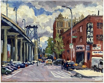 Williamsburg Bridge/Summer Clouds - 8x10 New York Cityscape Painting