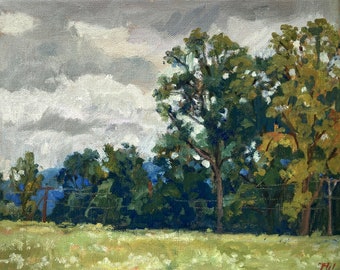 Original Landscape Painting - Summer Trees and Clouds/Berkshires - 8x10 Oil on Linen, Impressionist Plein Air Fine Art, Signed Original