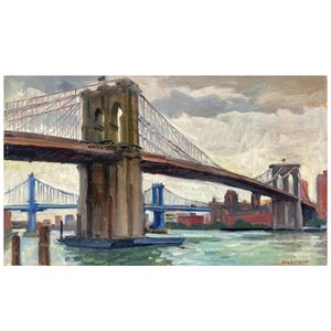 Brooklyn Bridge/NYC Rain - New York Cityscape Painting, 12x20 Oil on Linen, Impressionist Fine Art, Signed Original Plein Air Landscape