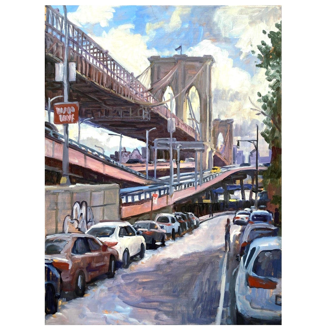 ニューヨークの油絵：ブルックリン橋、印象派のオリジナル都市景観