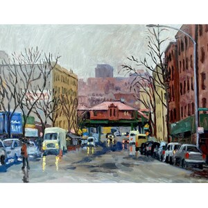 Bronx Oil Painting - Winter Rain 238th Street/NYC- 12x16 Oil on Panel, Urban Impressionist Cityscape, New York Street Scene, Signed Original