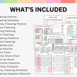 Puede incluir: Una colecci&oacute;n de planificadores de limpieza y organizaci&oacute;n imprimibles. La imagen incluye varias listas de verificaci&oacute;n, horarios y gr&aacute;ficos para tareas como limpieza, organizaci&oacute;n y rutinas diarias. El texto en la imagen dice "WHAT'S INCLUDED".