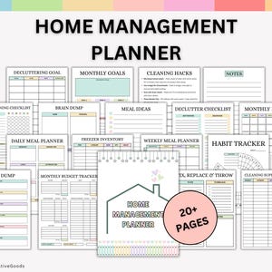 May include: A set of printable home management planner pages, including sections for "Decluttering Goal," "Monthly Goals," and "Weekly Cleaning Checklist." The planner cover reads "Home Management Planner" and "20+ Pages."