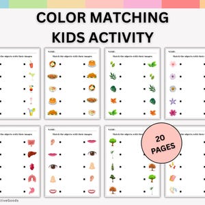 May include: A colorful educational activity for kids with the text "COLOR MATCHING KIDS ACTIVITY". The activity includes matching images of food, flowers, body parts, and more. The image also includes the text "20 PAGES".