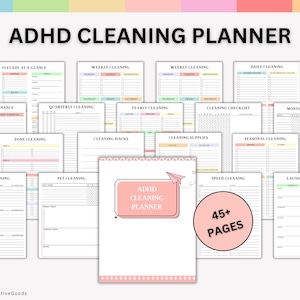 May include: An ADHD Cleaning Planner with over 45 pages, featuring various cleaning schedules and checklists. The planner includes sections for weekly, daily, and monthly cleaning, as well as zone cleaning and cleaning supplies. The cover has the text "ADHD Cleaning Planner".