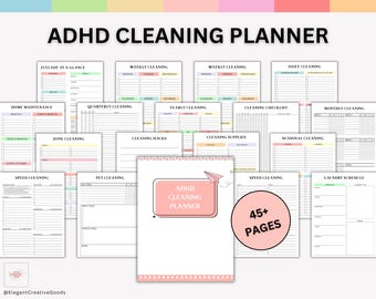 May include: An ADHD Cleaning Planner with over 45 pages, featuring various cleaning schedules and checklists. The planner includes sections for weekly, daily, and monthly cleaning, as well as zone cleaning and cleaning supplies. The cover has the text "ADHD Cleaning Planner".