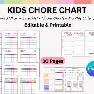Paquete de cuadros de tareas editables para niños, comportamiento de asignación de recompensas, lista de verificación diaria semanal, lista de verificación diaria para niños, tareas de lista de verificación semanal mensual.