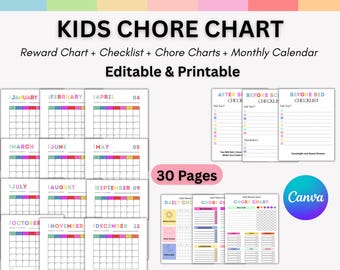 Pacchetto di tabelle modificabili per le faccende domestiche dei bambini, comportamento per le ricompense, checklist giornaliera settimanale, checklist giornaliera per bambini, attività di checklist settimanale mensile.