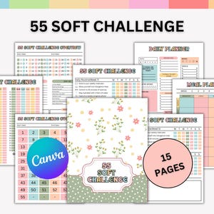 Op de afbeelding: Een verzameling afdrukbare plannerpagina's met de tekst "55 SOFT CHALLENGE". De pagina's bevatten dagelijkse, wekelijkse en maaltijdplanners, evenals een overzicht en een sectie voor dagelijkse routines. Het ontwerp maakt gebruik van pastelkleuren en bloemmotieven.