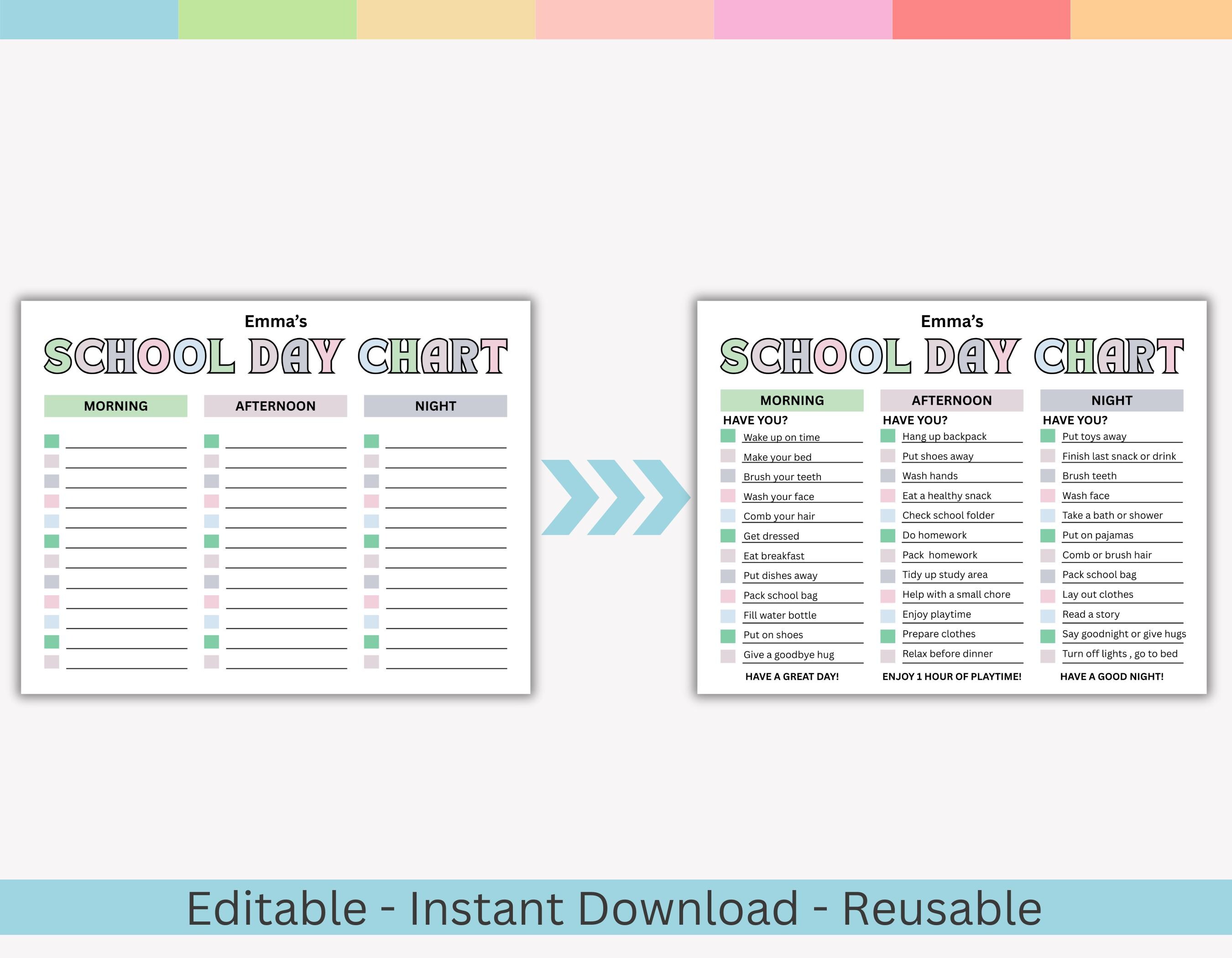 Editable Schoolday Checklist for Kids | Chore Chart | Printable ...