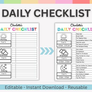 Kids Daily School Checklist, Editable Chore Chart, Responsibility Chart, To Do List, Printable PDF, Daily Routine, Kids Homeschool Planner
