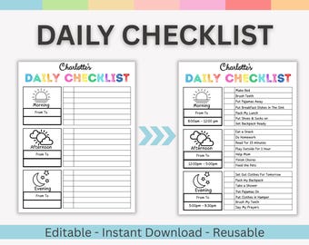 Kids Daily School Checklist, Editable Chore Chart, Responsibility Chart, To Do List, Printable PDF, Daily Routine, Kids Homeschool Planner