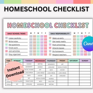Könnte beinhalten: Homeschool-Checkliste mit farbenfrohen Überschriften und einem Rasterlayout. Enthält Abschnitte für tägliche Aufgaben und Verantwortlichkeiten, mit Fächern wie Naturwissenschaften, Mathematik und Kunst. Mit dem Text "Sofort-Download".