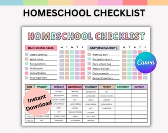 Editable Homeschool Checklist | Printable Daily Schedule & Student Checklist | Homeschool Planner, Schoolday Routine, Student Template PDF.
