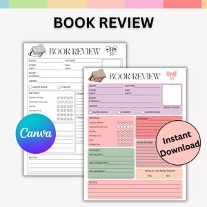 May include: Two printable book review templates with the text "Book Review" at the top. One is in black and white, the other has pastel color blocks. The templates include sections for book details, ratings, and notes. A pink circle says "Instant Download".