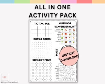 Paquete de actividades imprimibles para niños / Hoja de juego de descarga instantánea / Desafío de laberinto, Encuentra y busca, Conecta 4, Tres en raya, Juego de puntos, Buscador de tesoros.