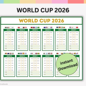 May include: A World Cup 2026 bracket chart in green and white, featuring team flags and group names. The text "WORLD CUP 2026" is at the top. A green circle with "instant Download" is in the lower right.