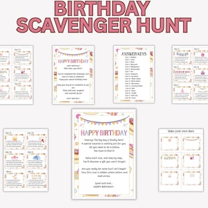 Búsqueda del tesoro de cumpleaños para niños, búsqueda del tesoro de cumpleaños editable, pistas de búsqueda del tesoro de cumpleaños en interiores, juegos de acertijos de cumpleaños para adultos y niños (PDF)