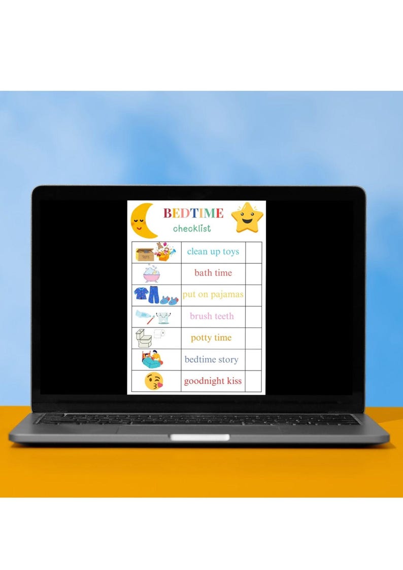 May include: A laptop displays a bedtime checklist with a moon and star graphic. The checklist includes tasks like cleaning up toys, bath time, putting on pajamas, brushing teeth, potty time, bedtime story, and a goodnight kiss.