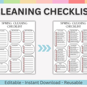 Puede incluir: Una lista de verificaci&oacute;n de limpieza de primavera imprimible con secciones para cocina, dormitorio, ba&ntilde;o, garaje, lavander&iacute;a, almacenamiento, oficina, mascotas y comedor. La lista de verificaci&oacute;n es editable, reutilizable y de descarga instant&aacute;nea.