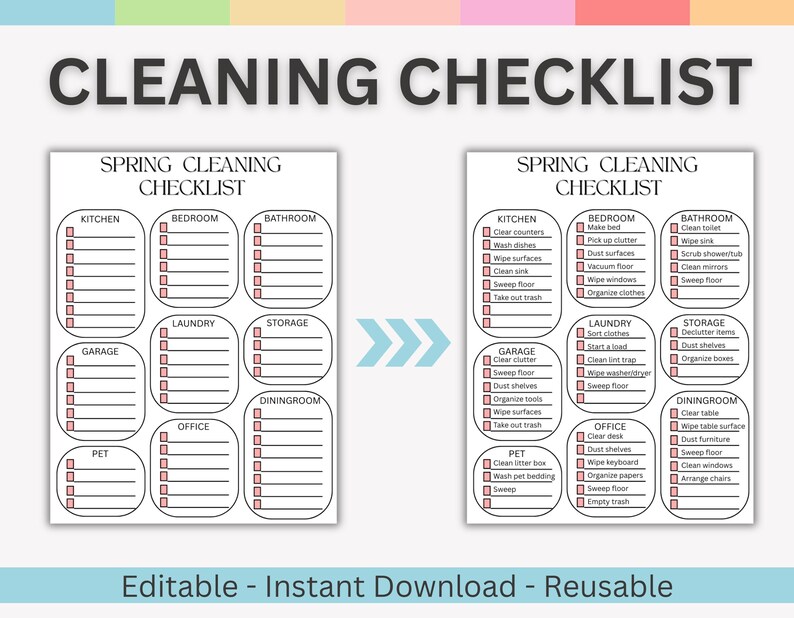 Puede incluir: Una lista de verificaci&oacute;n de limpieza de primavera imprimible con secciones para cocina, dormitorio, ba&ntilde;o, garaje, lavander&iacute;a, almacenamiento, oficina, mascotas y comedor. La lista de verificaci&oacute;n es editable, reutilizable y de descarga instant&aacute;nea.