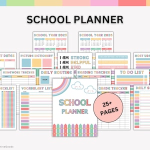 Puede incluir: Un conjunto de páginas de planificador escolar en colores pastel. Las páginas incluyen secciones para fechas importantes, seguimiento de tareas y horarios diarios. La portada presenta un arcoíris y el texto "School Planner".