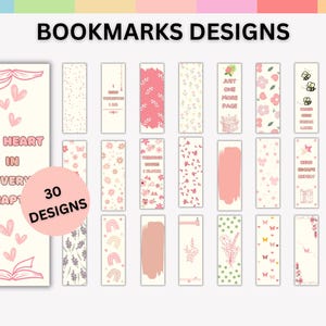 Op de afbeelding: Een verzameling van 30 boekenleggerontwerpen. De boekenleggers tonen verschillende patronen en citaten, waaronder bloemen-, vlinder- en regenboogmotieven. Het kleurenpalet omvat roze, wit en groen. De tekst "Bookmarks Designs" staat bovenaan.