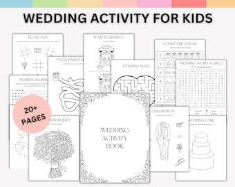 Personalisiertes Hochzeitsmalbuch, mehr als 20 bearbeitbare Aktivitätsseiten für Kinder, druckbare Hochzeitsbroschüre, lustige Spielaktivitäten für Kinder verfügbar.