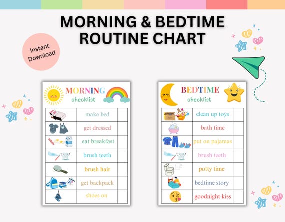 Morning Routine Checklist, Bedtime Routine Kids, Printable Responsibility Chart, Visual Schedule For kids Toddler Chore Chart,Kids chart PDF