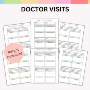May include: A collection of printable "Doctor Visits" forms. Each form features sections for date, contact, reason for visit, doctor's observations, medications, and questions. The words "Doctor Visits" and "Instant Download" are visible.