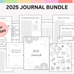 Op de afbeelding: Een verzameling afdrukbare journaalpagina's met de tekst "2025 JOURNAL BUNDLE". De pagina's bevatten trackers voor slaap, lezen, fitness en temperatuur, evenals een afspeellijst en een doodle van de dag-sectie. De bundel bevat meer dan 40 pagina's.
